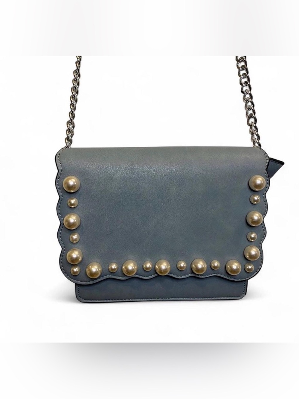 Light blue faux leather pearl embellished crossbody bag